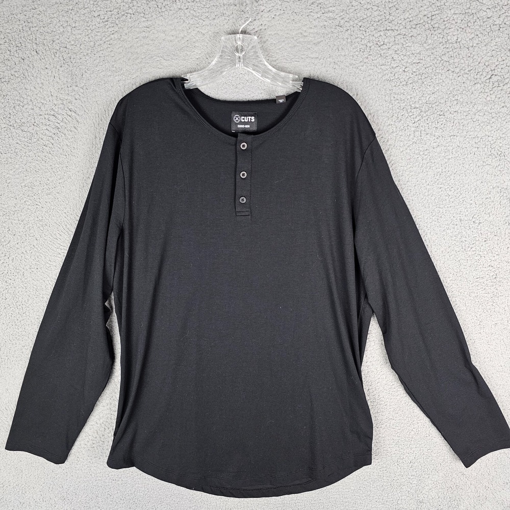 Cuts T Shirt Mens XXL Black Curve-Hem Elongated Long Sleeve Henley Athletic Fit